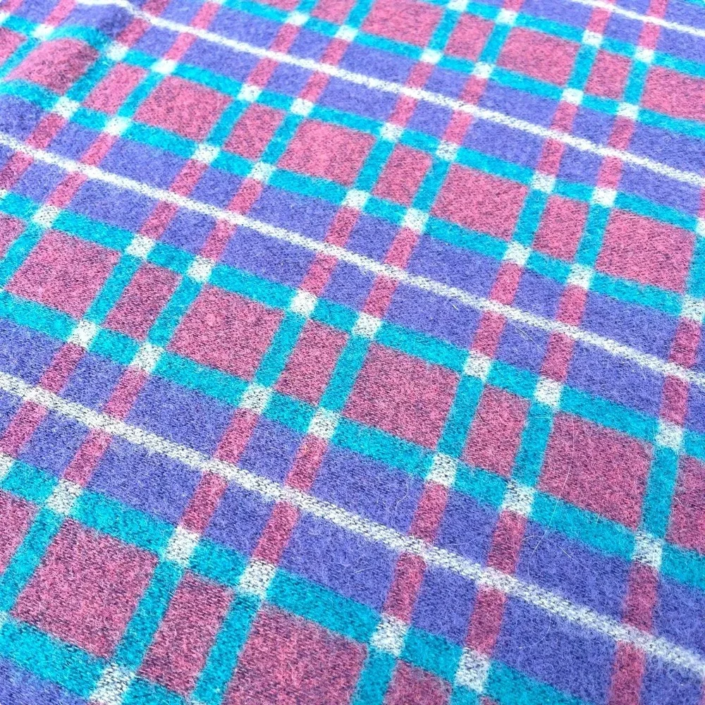 Vintage Traverse Bay Woolen Co Wool Blanket 56x81 Plaid Pink Aqua‎ Purple USA